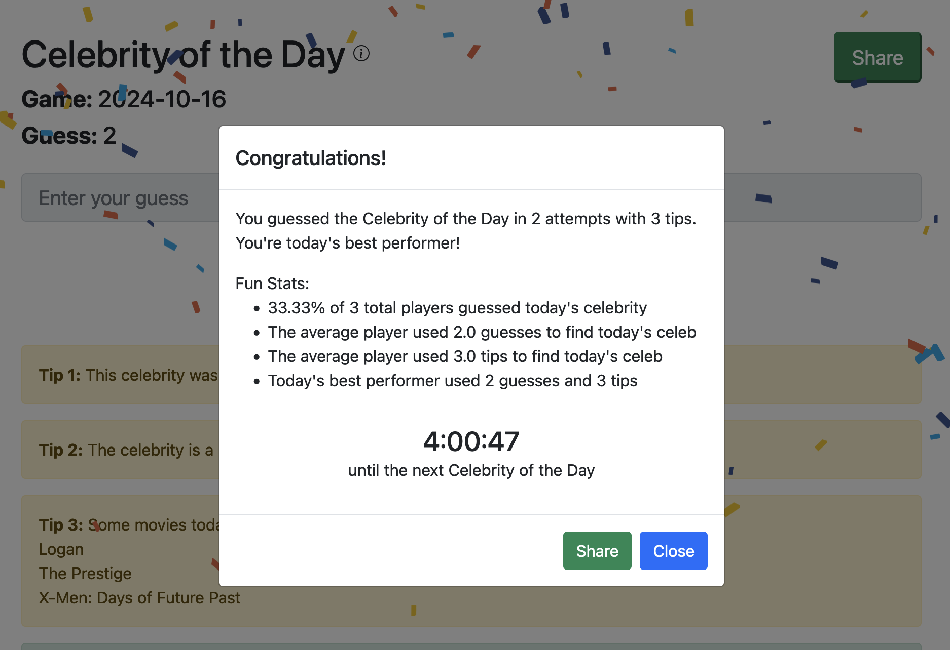 Screenshot of the share page in CelebGuessr.