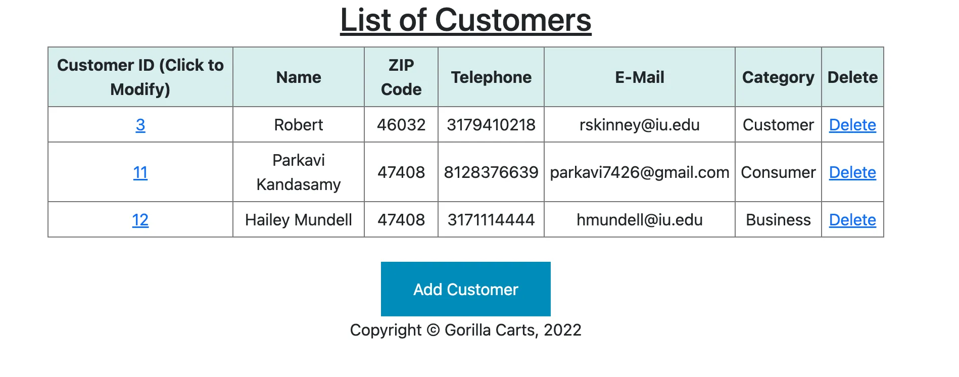 Screenshot of customer listing page in Gorilla Carts.