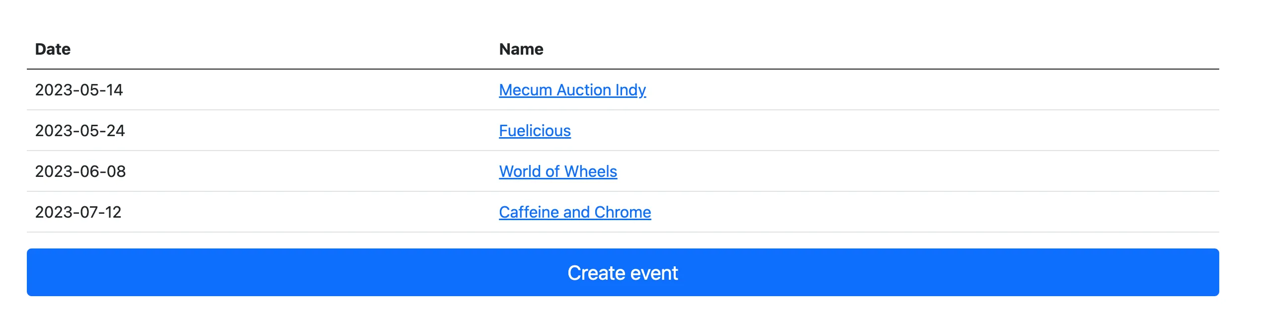 Screenshot of events listing in AutoTrackr.