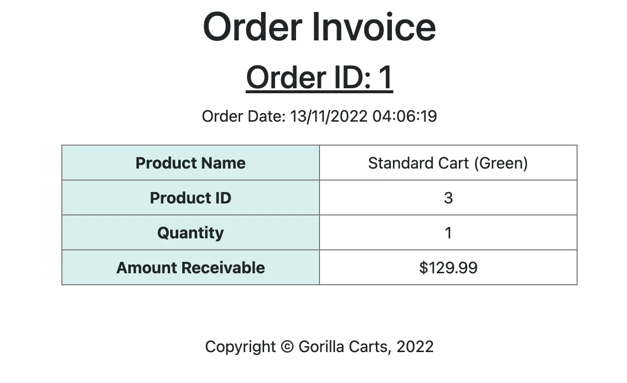 Screenshot of an invoice page in Gorilla Carts.