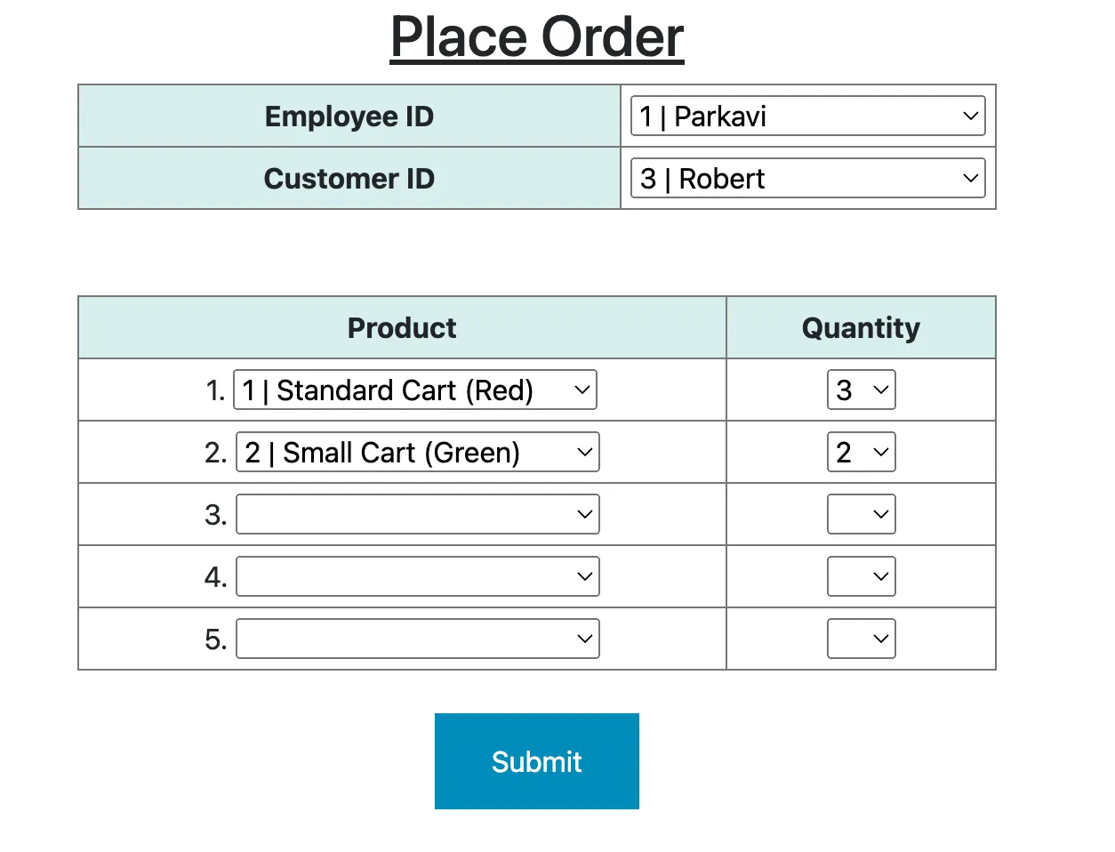 Screenshot of the order placement page in Gorilla Carts.