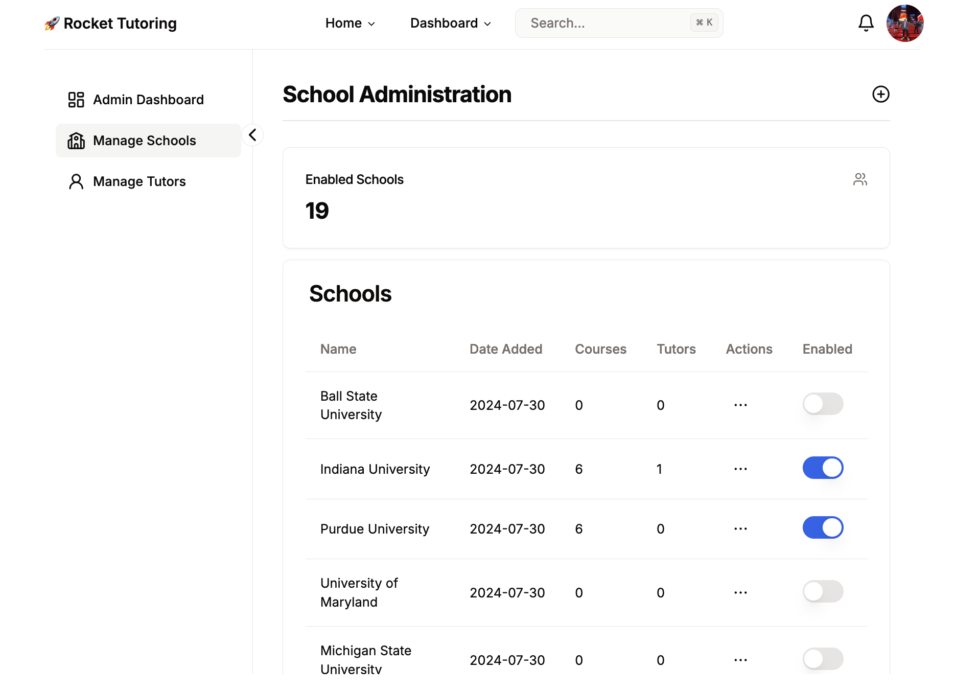 Screenshot of the site administration function in Rocket Tutoring.