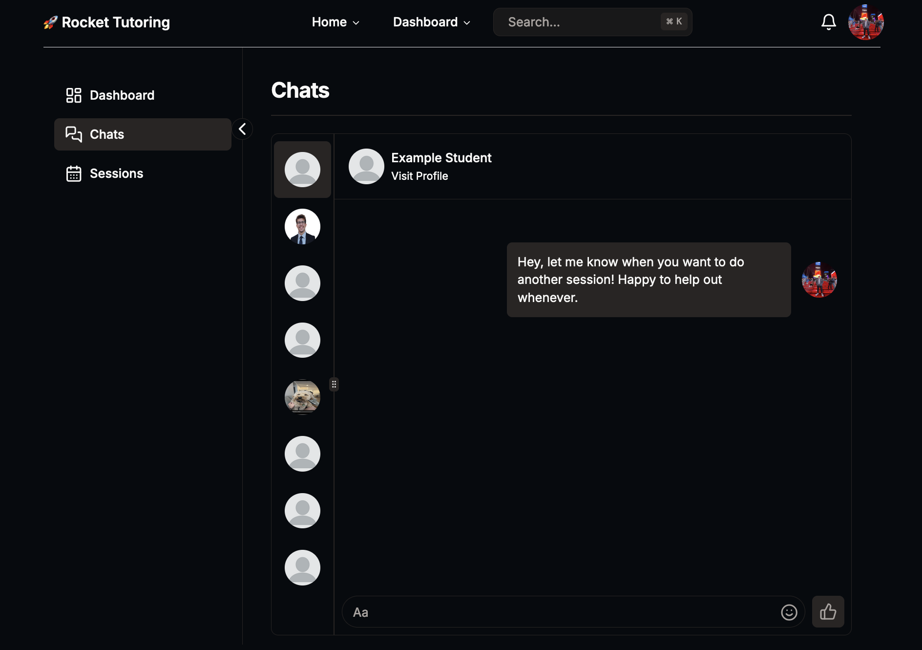 Screenshot of the chat function in Rocket Tutoring.