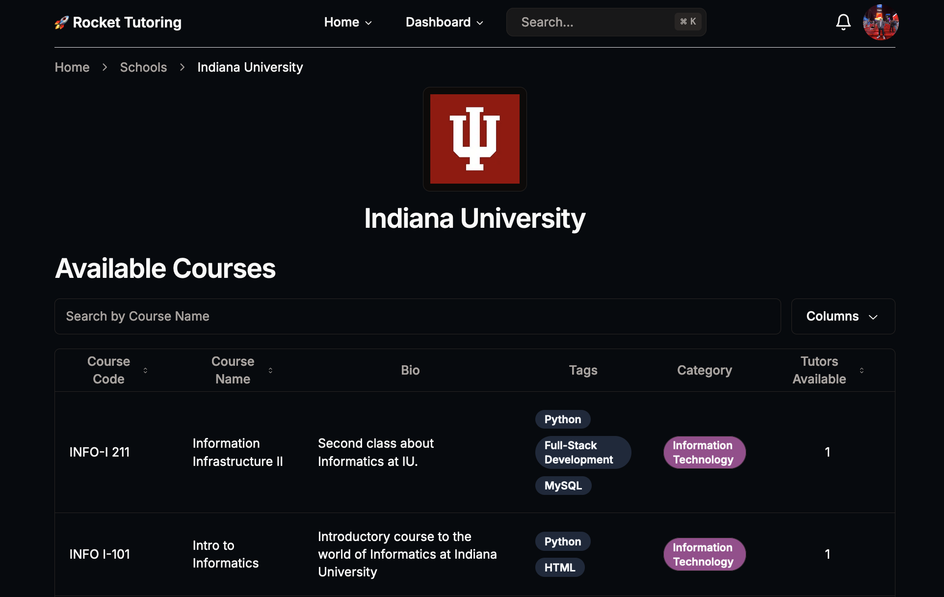 Screenshot of Indiana University courses in Rocket Tutoring.