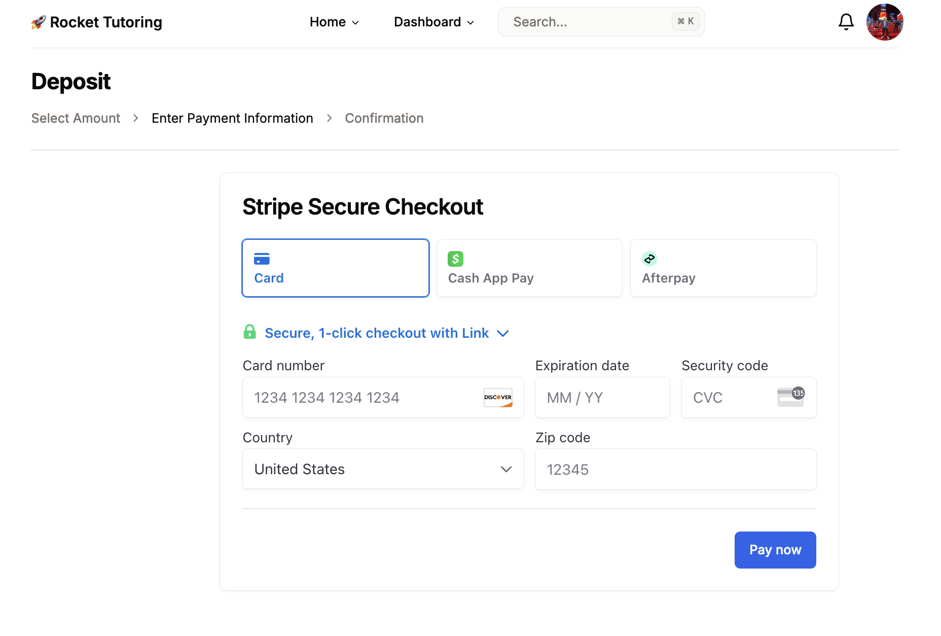 Screenshot of the payment function in Rocket Tutoring.