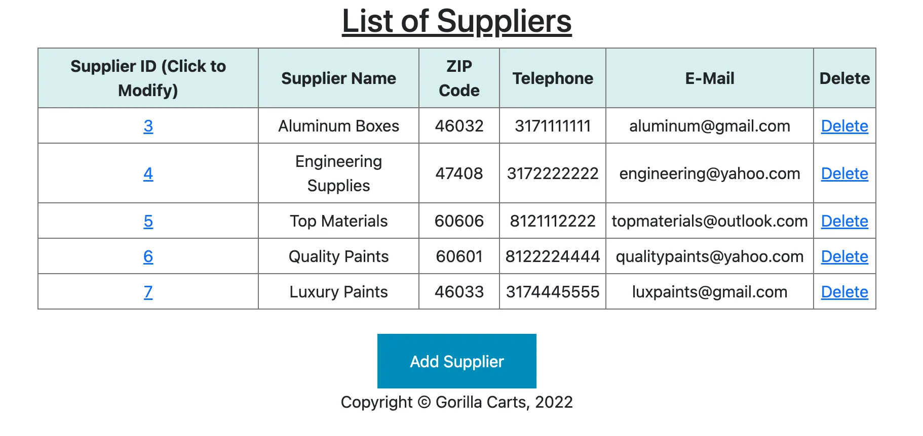 Screenshot of suppliers page in Gorilla Carts.